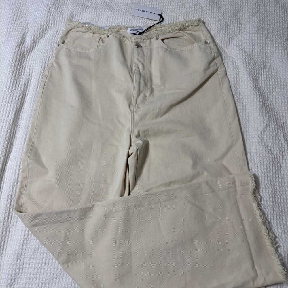 WeWoreWhat Beige Frayed Straight Jeans